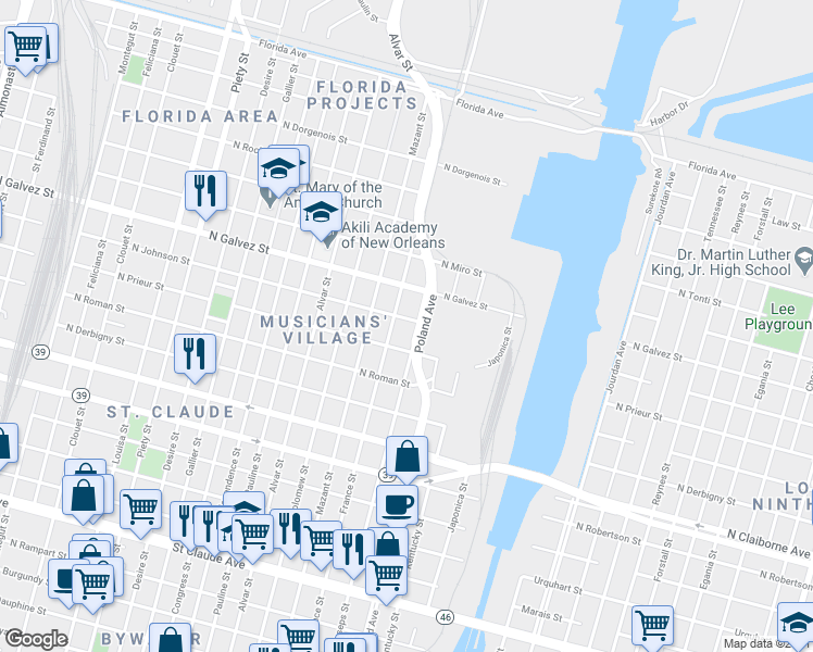 map of restaurants, bars, coffee shops, grocery stores, and more near 2018 Poland Avenue in New Orleans