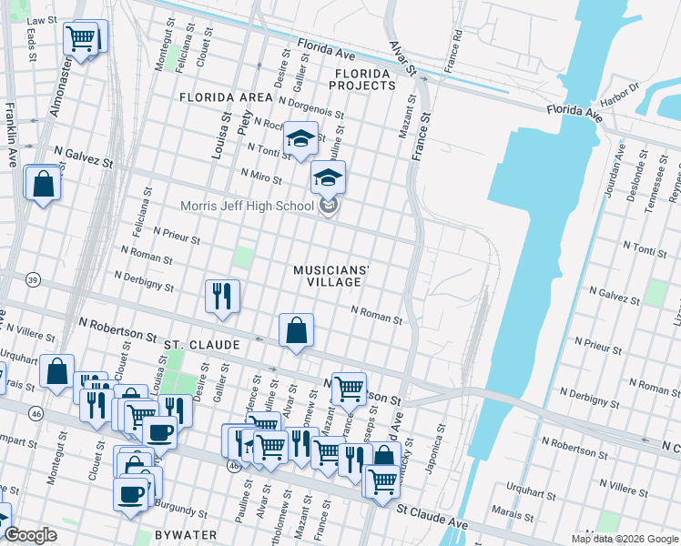 map of restaurants, bars, coffee shops, grocery stores, and more near 1924 Bartholomew Street in New Orleans
