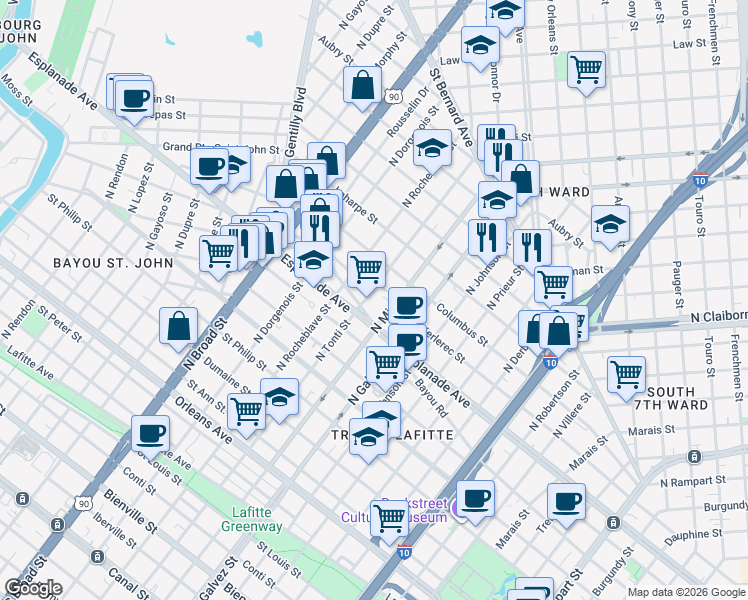 map of restaurants, bars, coffee shops, grocery stores, and more near 1436 North Tonti Street in New Orleans