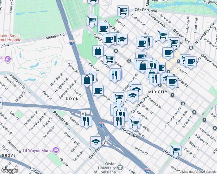 map of restaurants, bars, coffee shops, grocery stores, and more near 423 South Murat Street in New Orleans