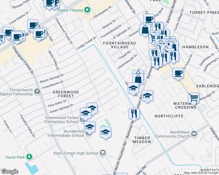 map of restaurants, bars, coffee shops, grocery stores, and more near 5114 Green Springs Drive in Houston