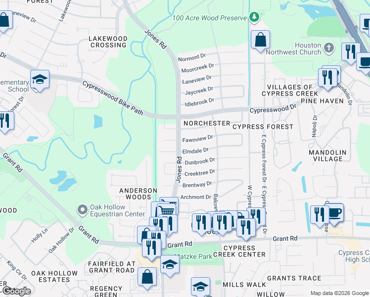 map of restaurants, bars, coffee shops, grocery stores, and more near 10815 Fawnview Drive in Houston