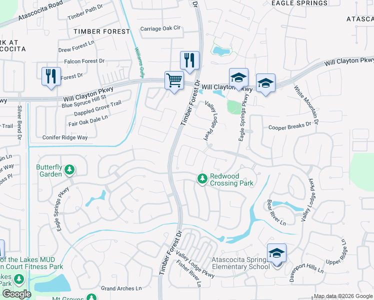 map of restaurants, bars, coffee shops, grocery stores, and more near 17627 Bering Bridge Lane in Humble