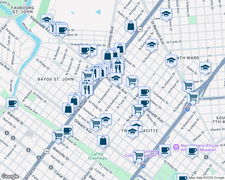 map of restaurants, bars, coffee shops, grocery stores, and more near in New Orleans