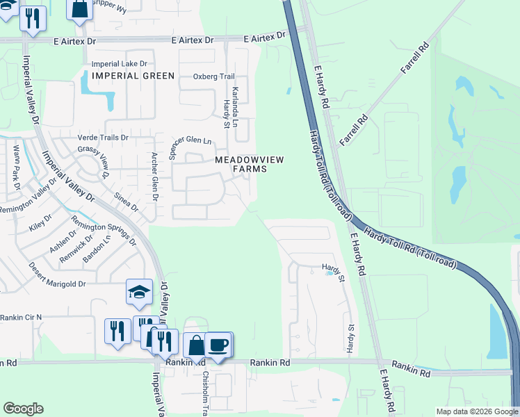 map of restaurants, bars, coffee shops, grocery stores, and more near 1419 Rising Spring Lane in Houston