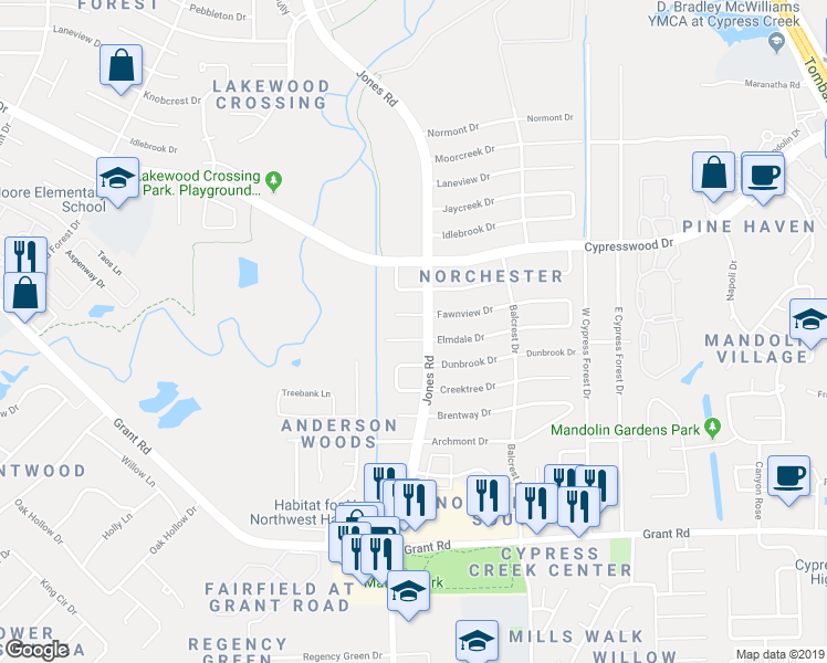 map of restaurants, bars, coffee shops, grocery stores, and more near 10906 Elmdale Drive in Houston