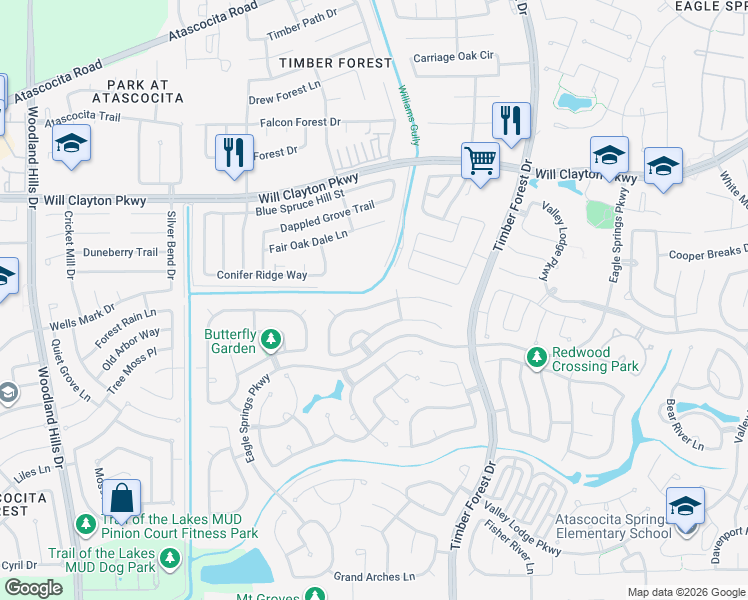 map of restaurants, bars, coffee shops, grocery stores, and more near 12111 Fall River Pass Lane in Humble