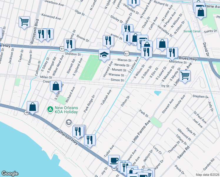 map of restaurants, bars, coffee shops, grocery stores, and more near 1021 Tullulah Avenue in River Ridge