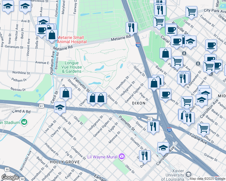 map of restaurants, bars, coffee shops, grocery stores, and more near 9115 Peach Street in New Orleans