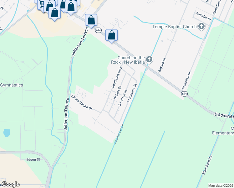 map of restaurants, bars, coffee shops, grocery stores, and more near 1417 Dehart Drive in New Iberia