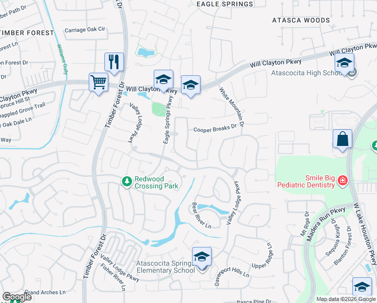 map of restaurants, bars, coffee shops, grocery stores, and more near 12610 Bailey Hills Lane in Humble
