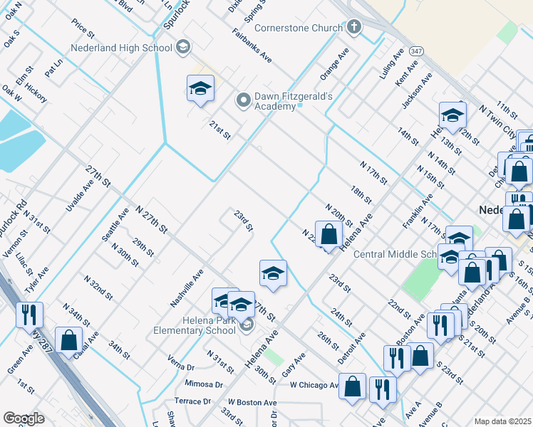 map of restaurants, bars, coffee shops, grocery stores, and more near 1303 North 22nd Street in Nederland