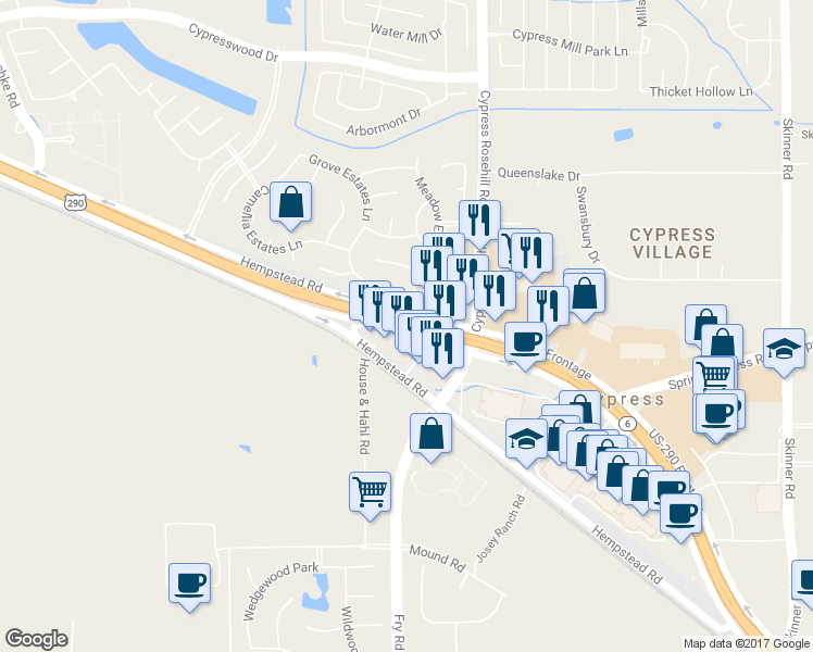 map of restaurants, bars, coffee shops, grocery stores, and more near 25232 Northwest Freeway in Cypress