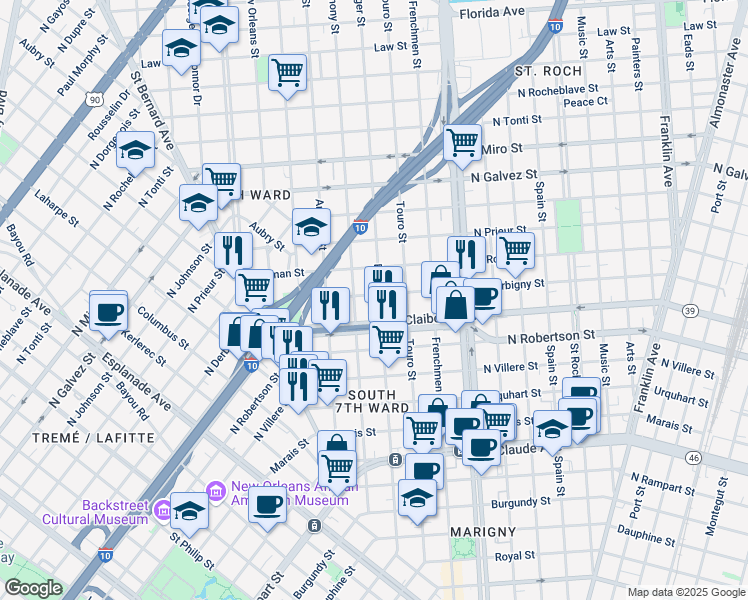 map of restaurants, bars, coffee shops, grocery stores, and more near 1819 North Derbigny Street in New Orleans