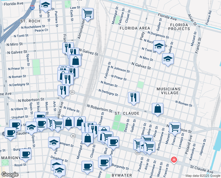 map of restaurants, bars, coffee shops, grocery stores, and more near 1731 Clouet Street in New Orleans