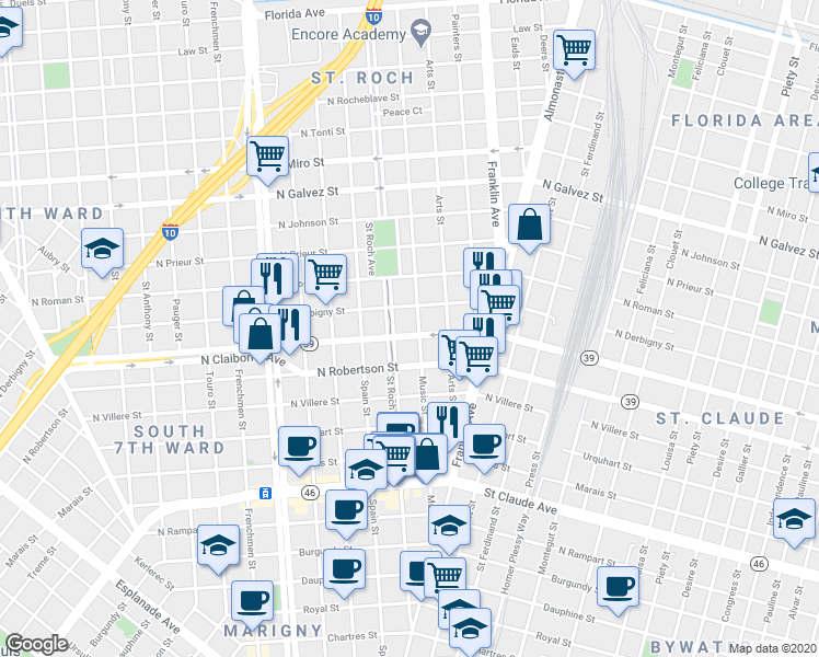 map of restaurants, bars, coffee shops, grocery stores, and more near 1627 Saint Roch Avenue in New Orleans