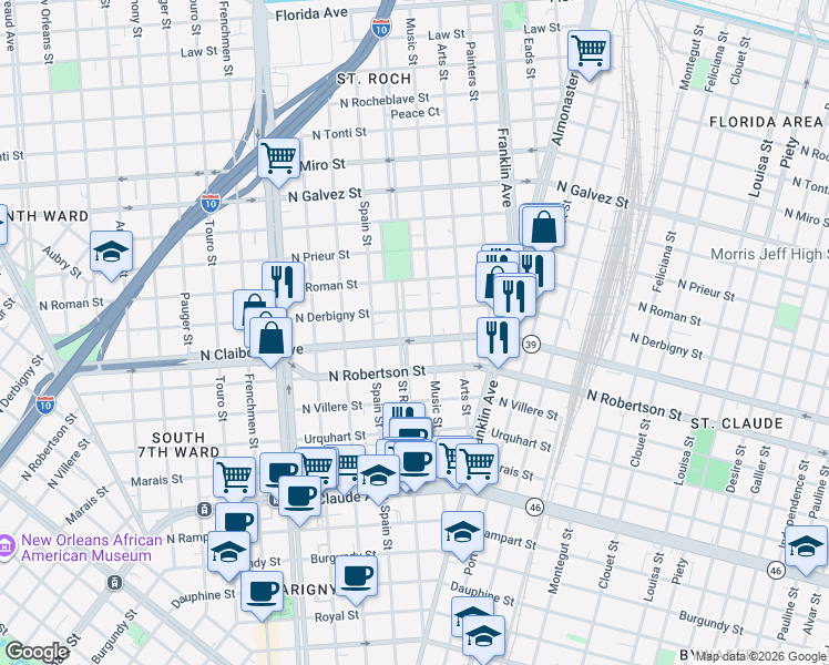 map of restaurants, bars, coffee shops, grocery stores, and more near 1627 Saint Roch Avenue in New Orleans