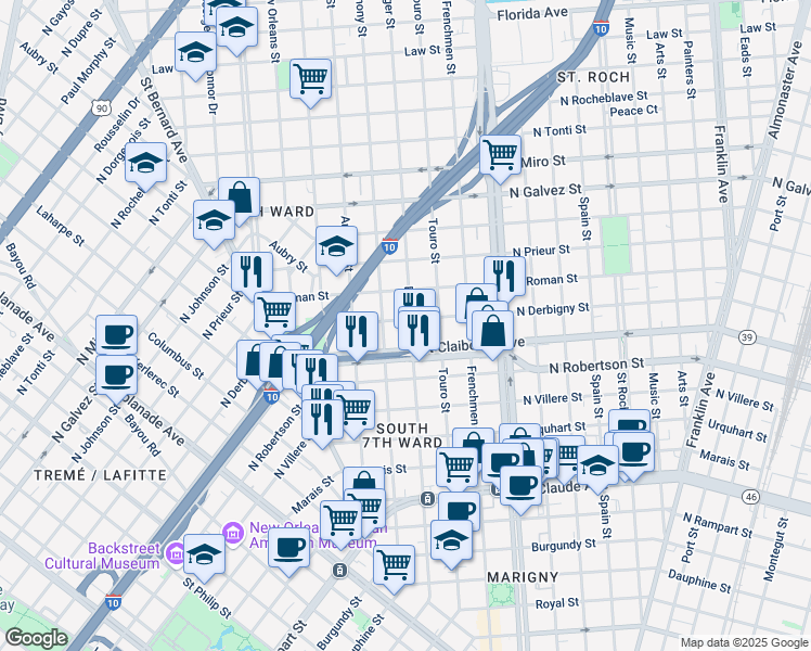 map of restaurants, bars, coffee shops, grocery stores, and more near 1819 North Derbigny Street in New Orleans