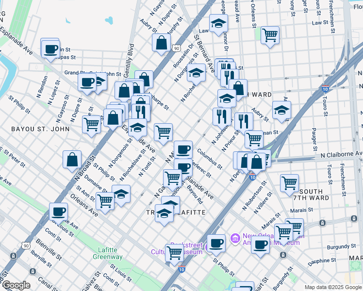 map of restaurants, bars, coffee shops, grocery stores, and more near 2123 Columbus Street in New Orleans