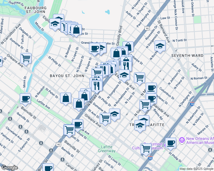 map of restaurants, bars, coffee shops, grocery stores, and more near in New Orleans