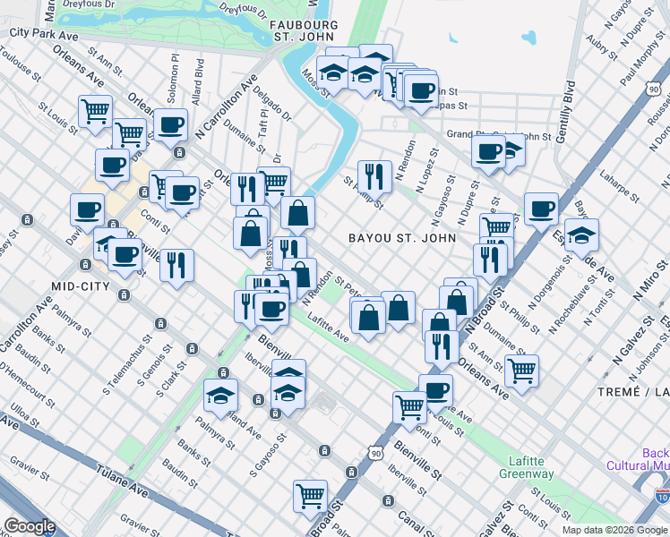 map of restaurants, bars, coffee shops, grocery stores, and more near in New Orleans