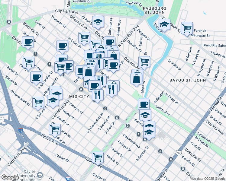 map of restaurants, bars, coffee shops, grocery stores, and more near 3745 Bienville Street in New Orleans