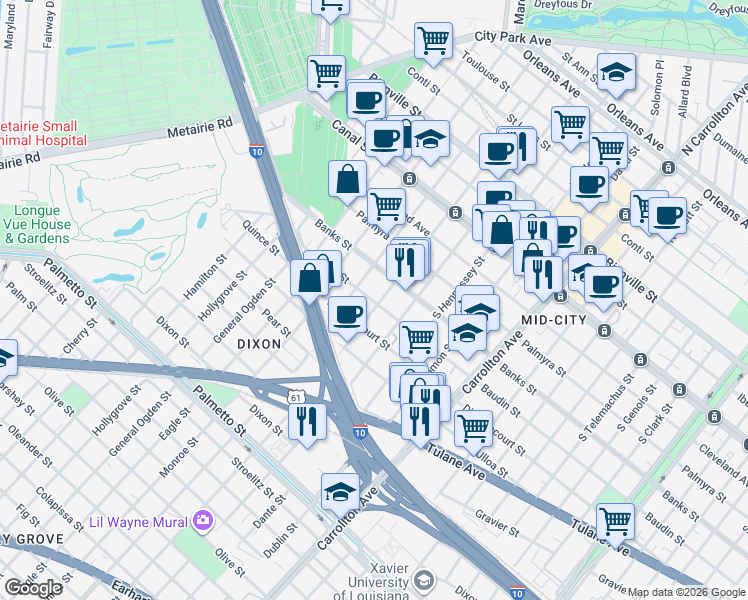map of restaurants, bars, coffee shops, grocery stores, and more near 423 South Murat Street in New Orleans