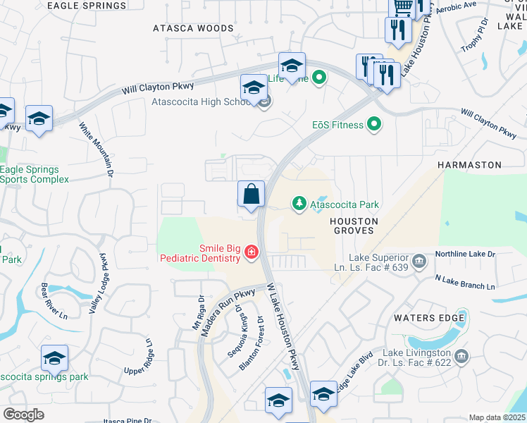 map of restaurants, bars, coffee shops, grocery stores, and more near 17407 West Lake Houston Parkway in Atascocita