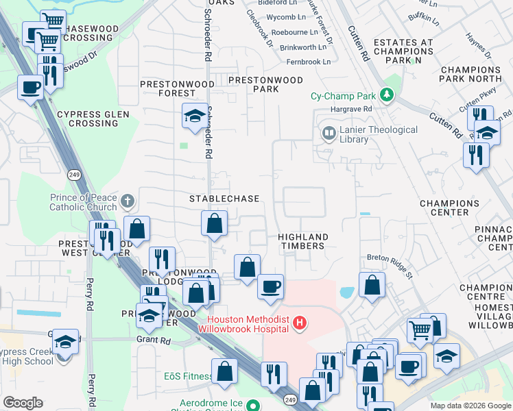 map of restaurants, bars, coffee shops, grocery stores, and more near 2 Bentley Park Court in Houston