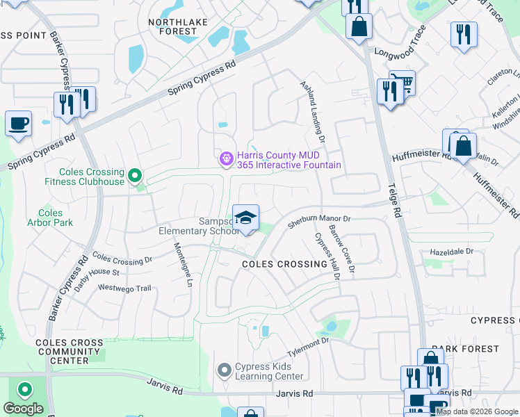 map of restaurants, bars, coffee shops, grocery stores, and more near 16126 Golden Manor Lane in Cypress