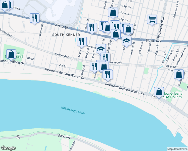 map of restaurants, bars, coffee shops, grocery stores, and more near 325 Minor Street in Kenner