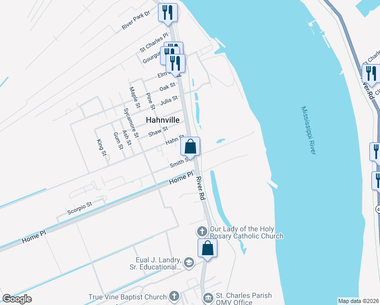map of restaurants, bars, coffee shops, grocery stores, and more near 15457 Louisiana 18 in Hahnville