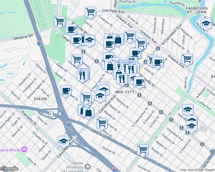map of restaurants, bars, coffee shops, grocery stores, and more near 211 South Solomon Street in New Orleans