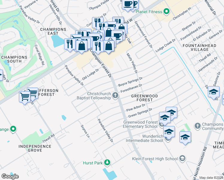map of restaurants, bars, coffee shops, grocery stores, and more near 5623 Boyce Springs Drive in Houston