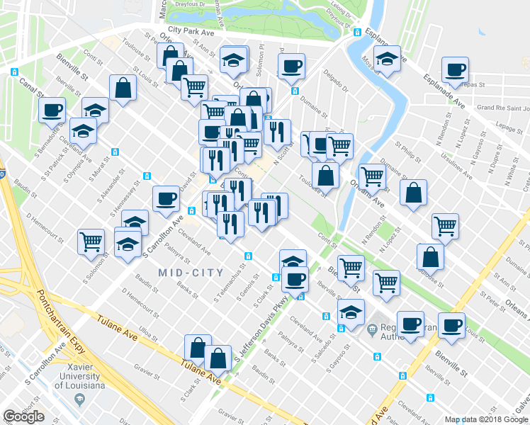 map of restaurants, bars, coffee shops, grocery stores, and more near 3745 Bienville Street in New Orleans