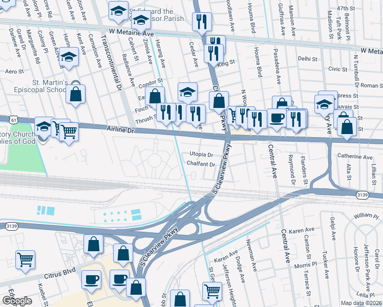 map of restaurants, bars, coffee shops, grocery stores, and more near 4621 Utopia Drive in Metairie