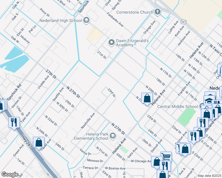 map of restaurants, bars, coffee shops, grocery stores, and more near 1416 23rd Street in Nederland