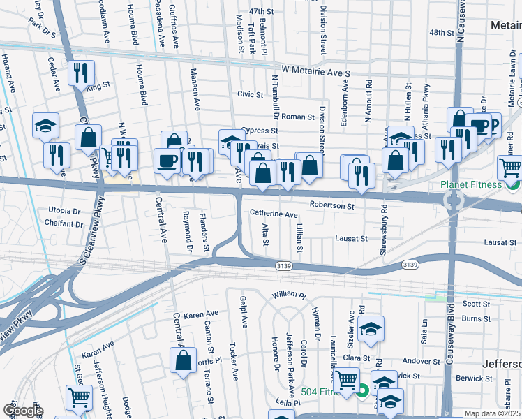 map of restaurants, bars, coffee shops, grocery stores, and more near 3813 Catherine Avenue in Metairie