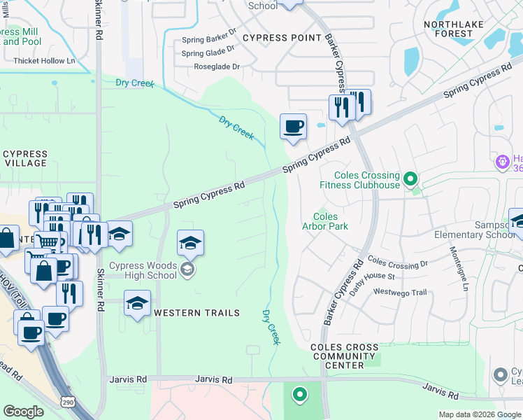 map of restaurants, bars, coffee shops, grocery stores, and more near 16502 Salt Grass Trail in Cypress