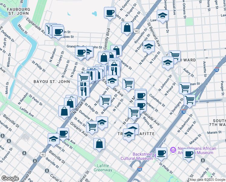map of restaurants, bars, coffee shops, grocery stores, and more near 2426 Esplanade Avenue in New Orleans