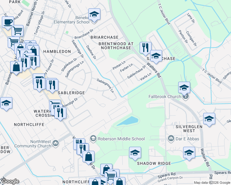 map of restaurants, bars, coffee shops, grocery stores, and more near 13622 Sablegrove Lane in Houston
