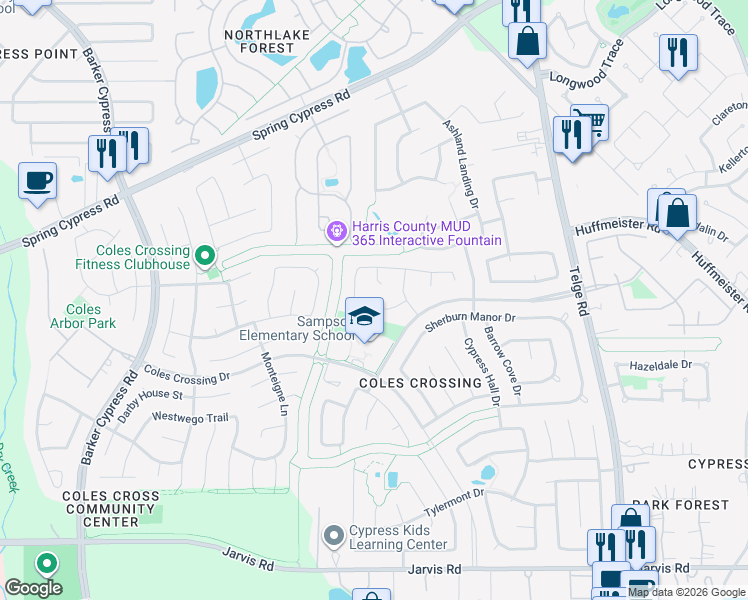 map of restaurants, bars, coffee shops, grocery stores, and more near 16126 Golden Manor Lane in Cypress