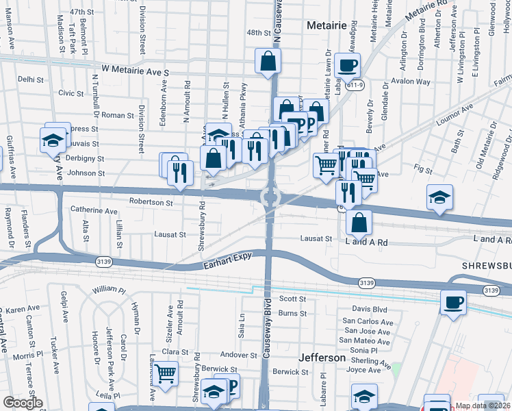 map of restaurants, bars, coffee shops, grocery stores, and more near 3320 Airline Drive in Metairie