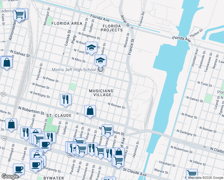 map of restaurants, bars, coffee shops, grocery stores, and more near 1943 Mazant Street in New Orleans