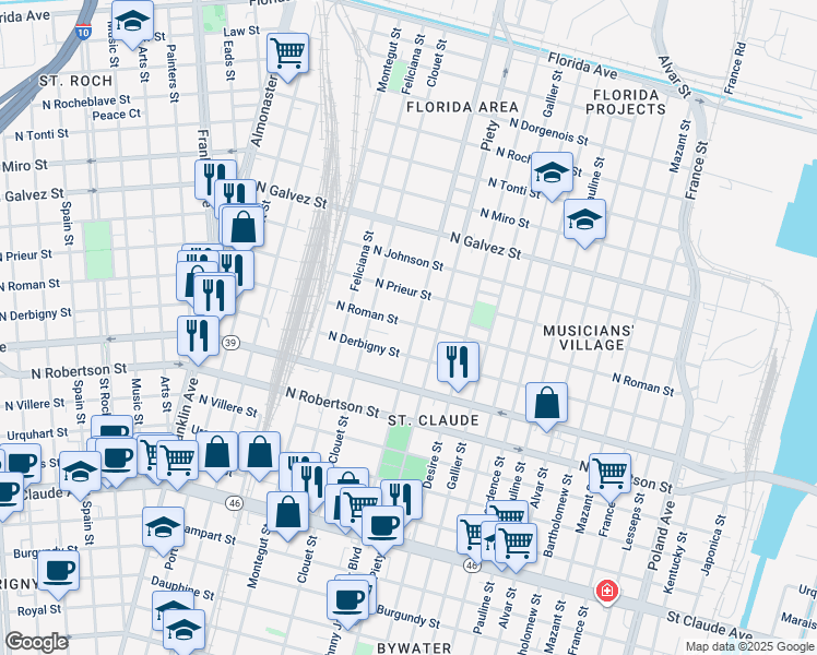 map of restaurants, bars, coffee shops, grocery stores, and more near 1800 Louisa Street in New Orleans