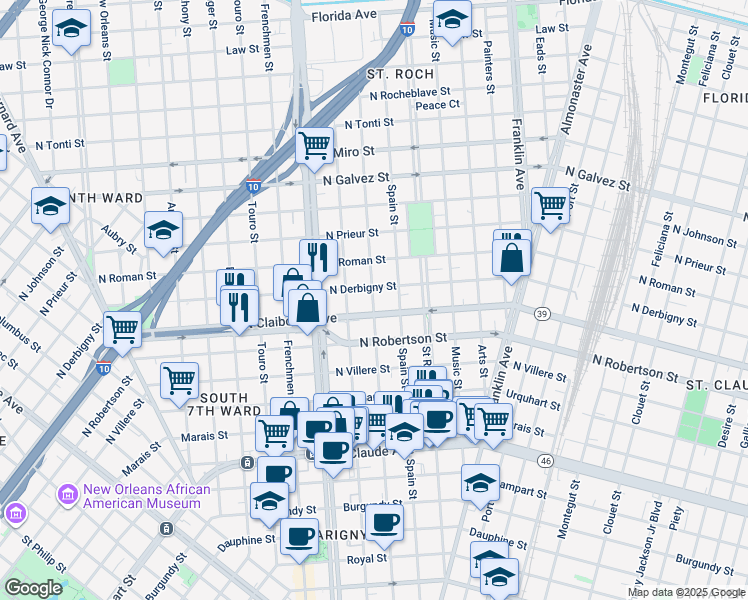 map of restaurants, bars, coffee shops, grocery stores, and more near 2250 North Derbigny Street in New Orleans