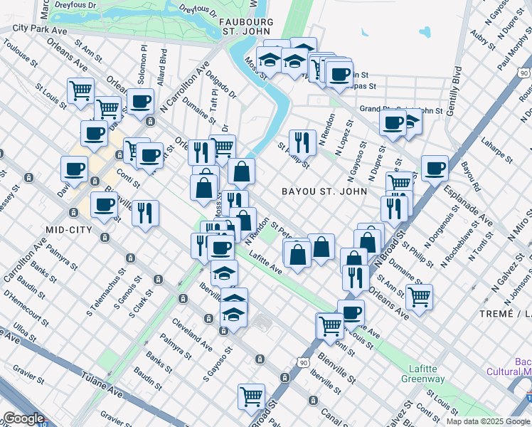 map of restaurants, bars, coffee shops, grocery stores, and more near in New Orleans