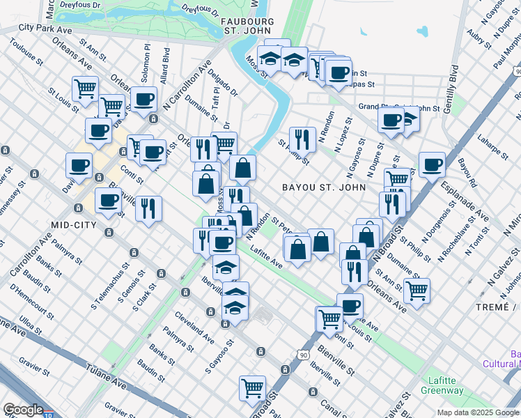 map of restaurants, bars, coffee shops, grocery stores, and more near in New Orleans