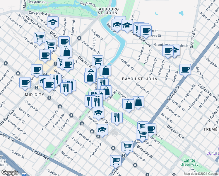 map of restaurants, bars, coffee shops, grocery stores, and more near 625 Hagan Avenue in New Orleans