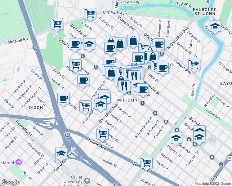 map of restaurants, bars, coffee shops, grocery stores, and more near 4129 Cleveland Avenue in New Orleans